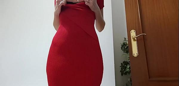  Try On - Flashing My Pussy In Sexy Tight Red Dress